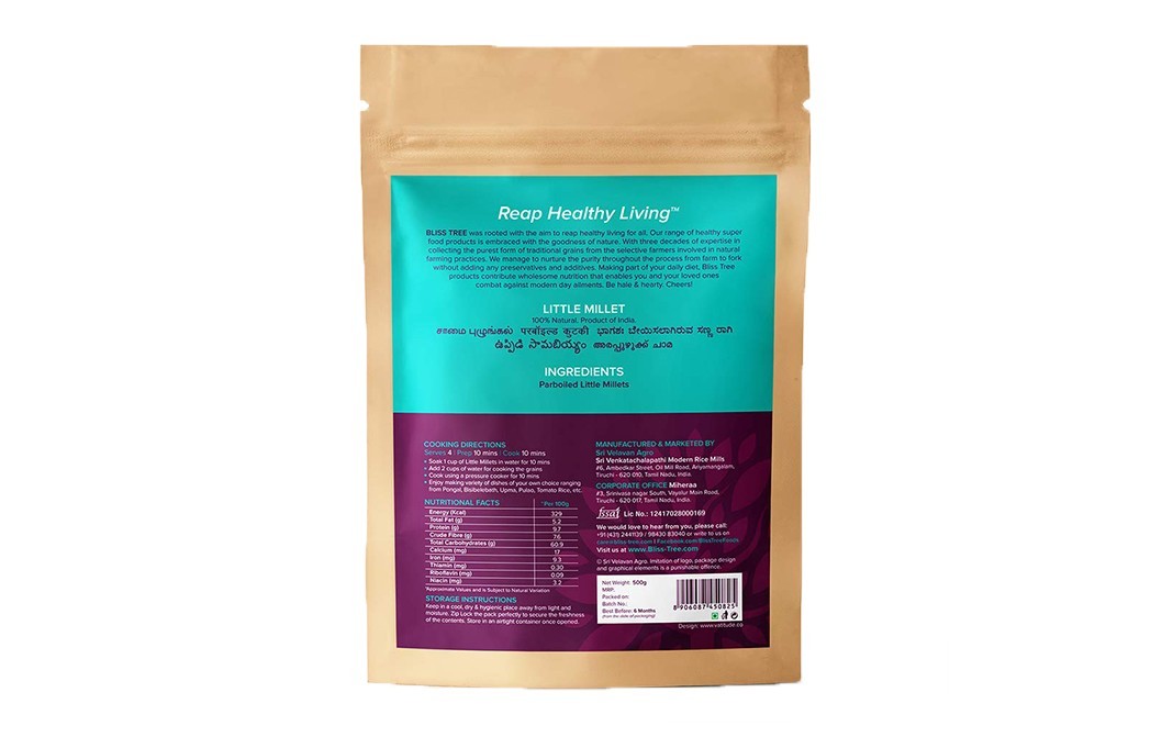 Bliss Tree Ancient Grains Parboiled Little Millet   Pack  500 grams